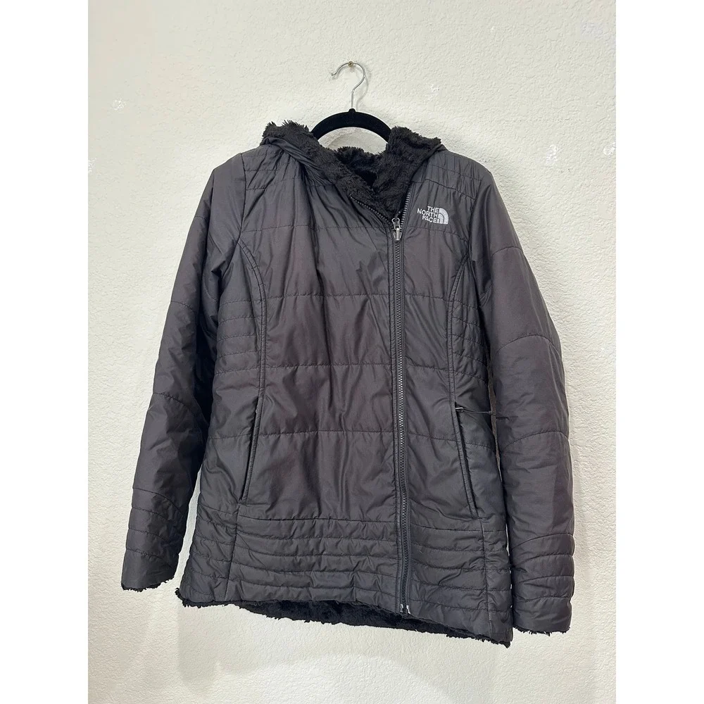 The North Face Mossbud Swirl Reversible Jacket Gray Black Fleece Hooded SmallP